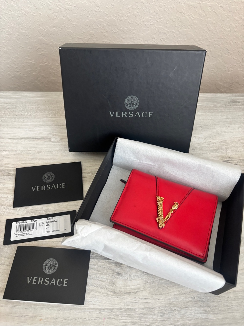 Versace Vitello Virtus Woman’s Small Bifold Wallet Red Luxury Leather
